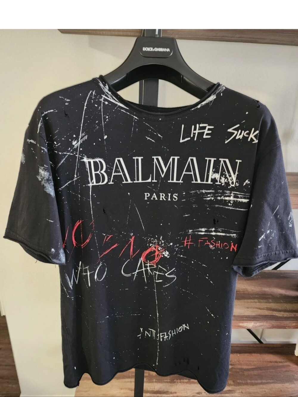 RARE "BALMAIN PARIS" Men's T-Shirt Size XS Ripped Red/White/Black | Worn only 3x